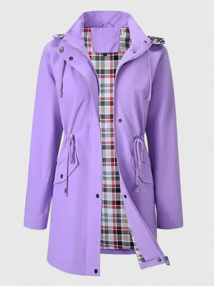 Elegant Red Plaid Lined Rain Jacket for Women with Hooded Long Sleeve Drawstring Waist Relaxed Style