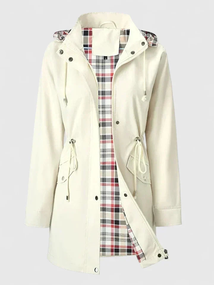 Elegant Red Plaid Lined Rain Jacket for Women with Hooded Long Sleeve Drawstring Waist Relaxed Style