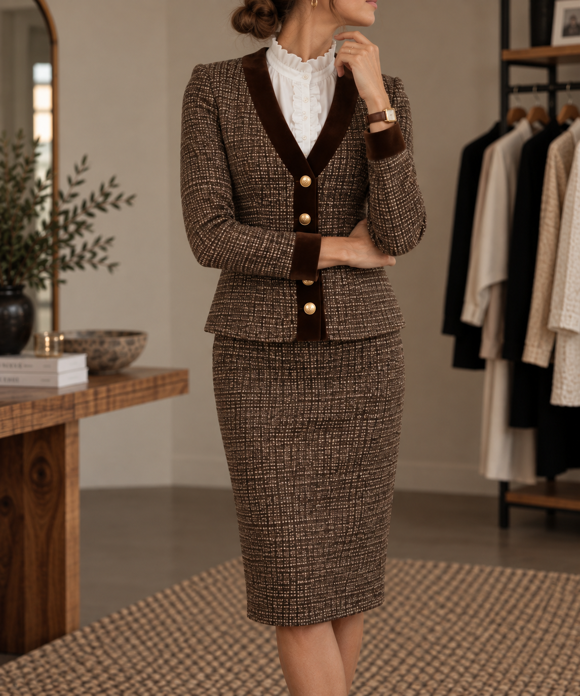 Talia Women's Suit | Tweed Blazer and Pencil Skirt with Velvet Trim