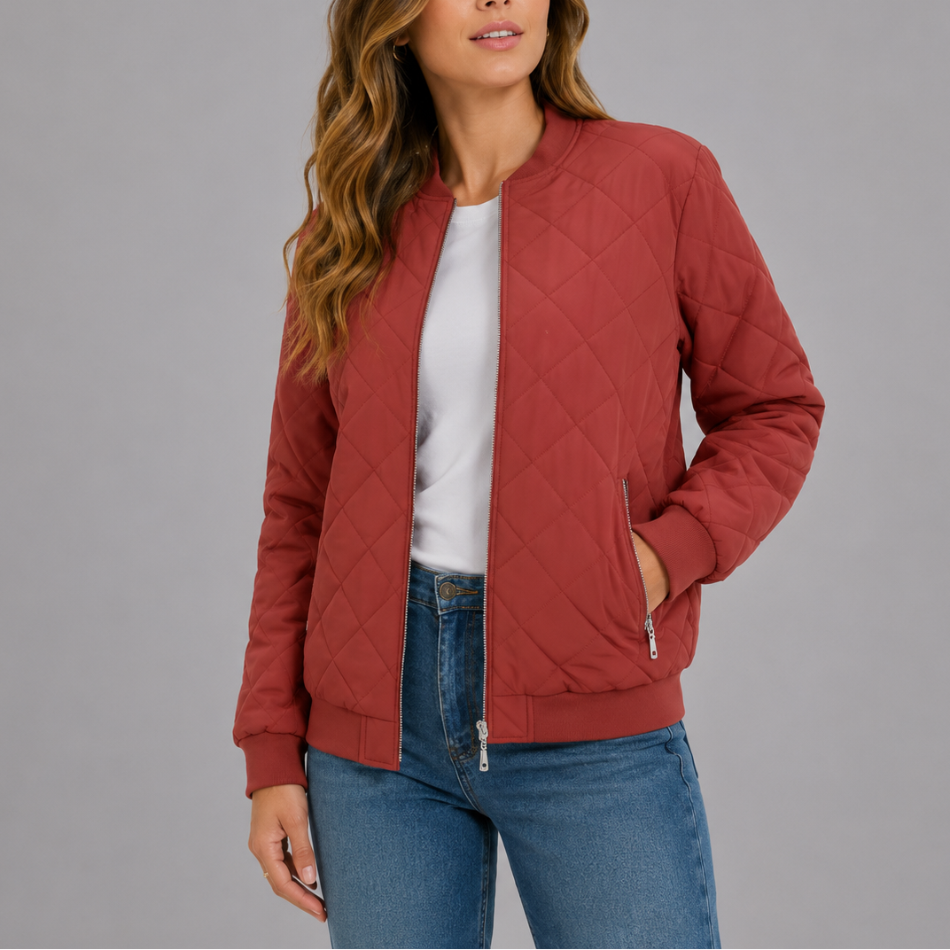 Bomber Jacket Womens Diamond Quilted Zip Front Ribbed Trim