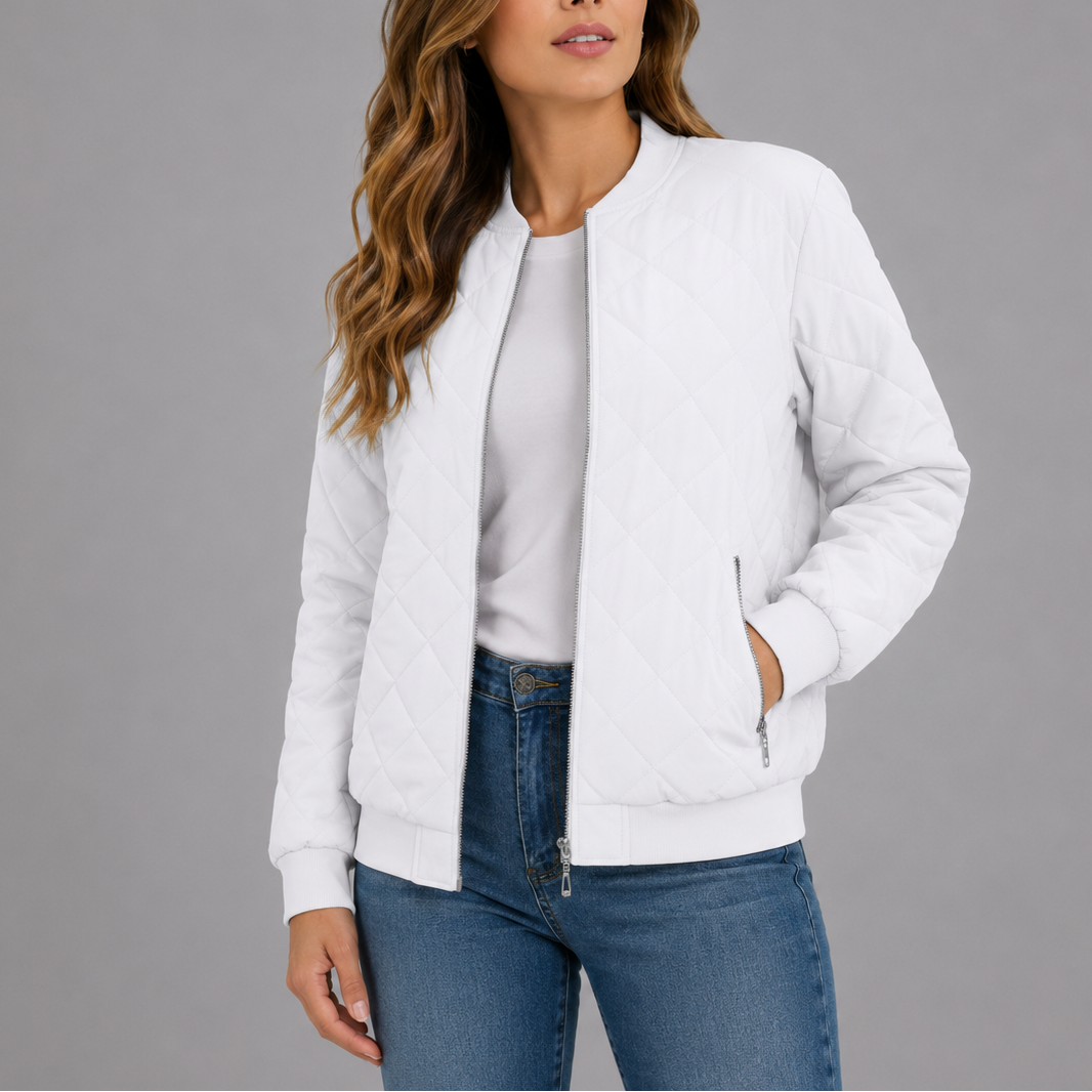 Bomber Jacket Womens Diamond Quilted Zip Front Ribbed Trim