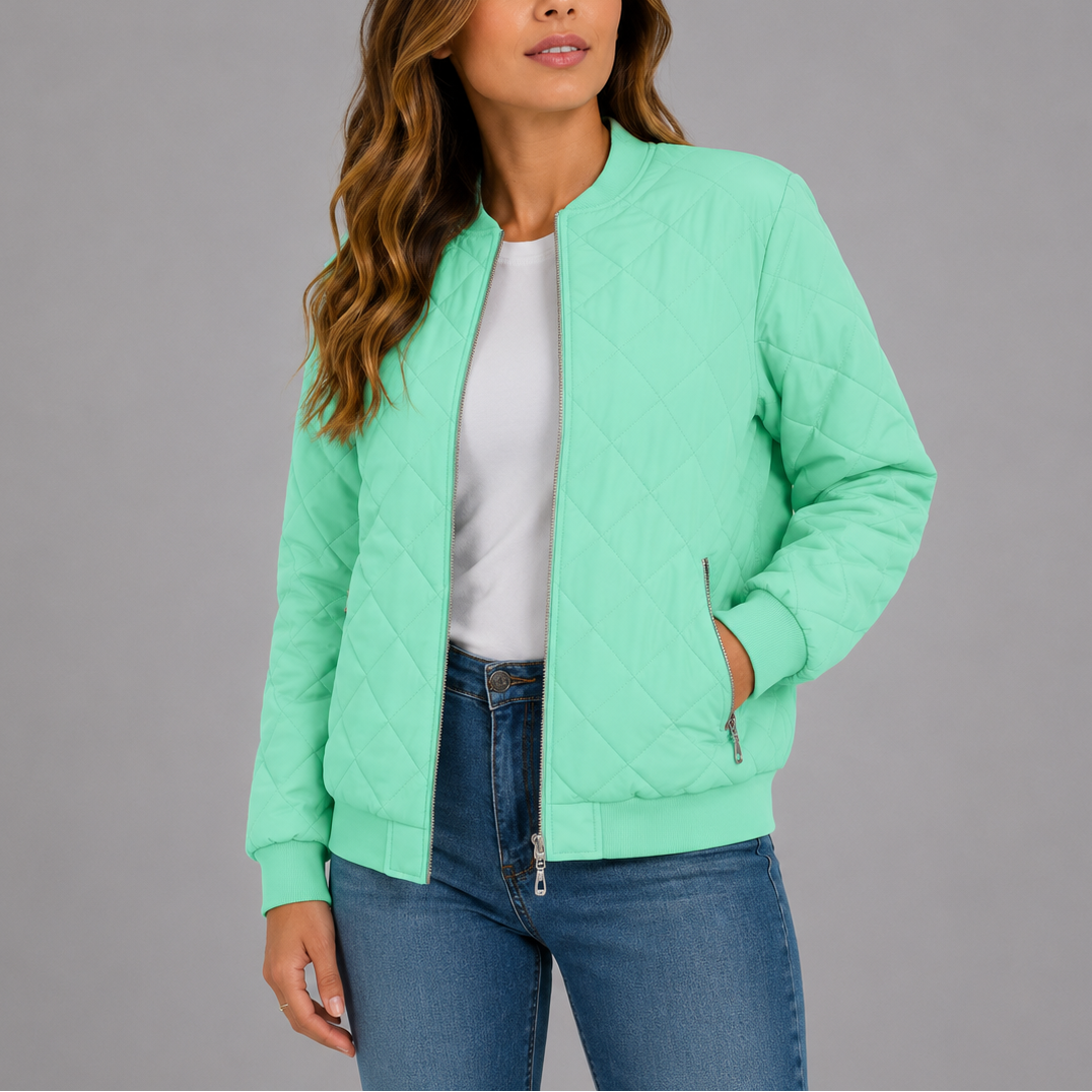 Bomber Jacket Womens Diamond Quilted Zip Front Ribbed Trim