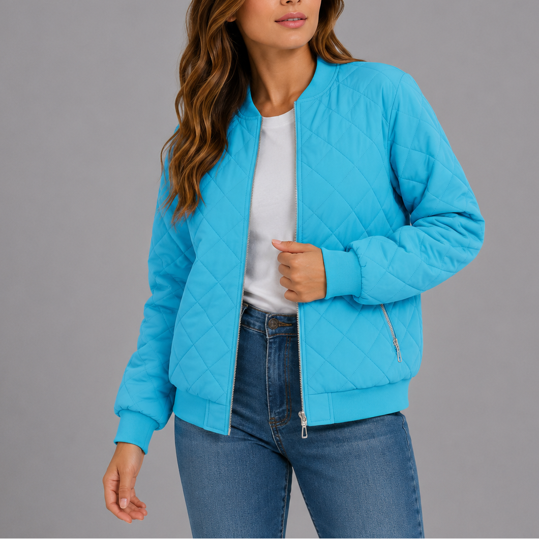 Bomber Jacket Womens Diamond Quilted Zip Front Ribbed Trim