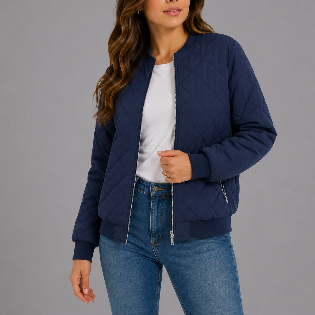 Bomber Jacket Womens Diamond Quilted Zip Front Ribbed Trim