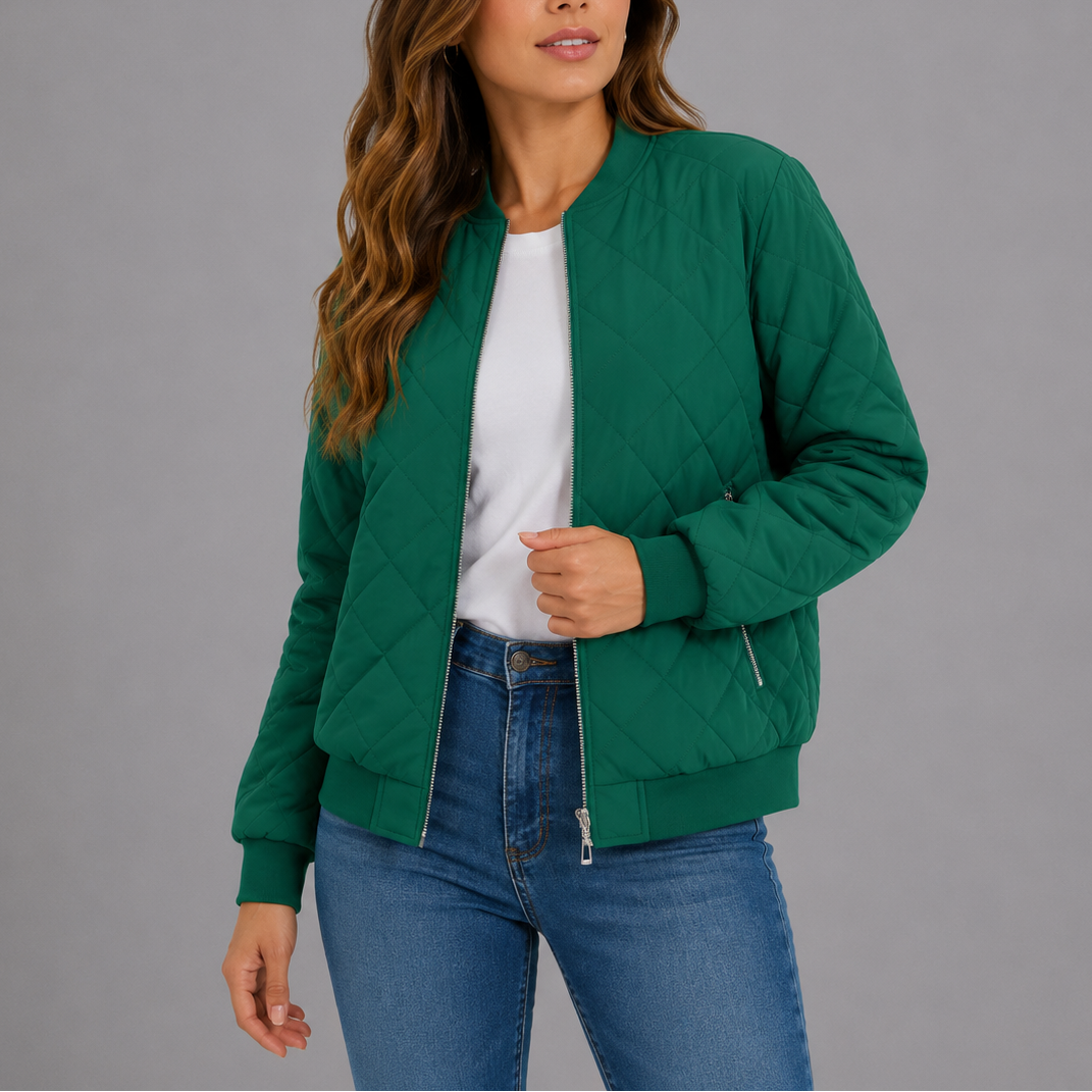 Bomber Jacket Womens Diamond Quilted Zip Front Ribbed Trim