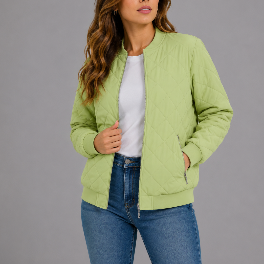 Bomber Jacket Womens Diamond Quilted Zip Front Ribbed Trim
