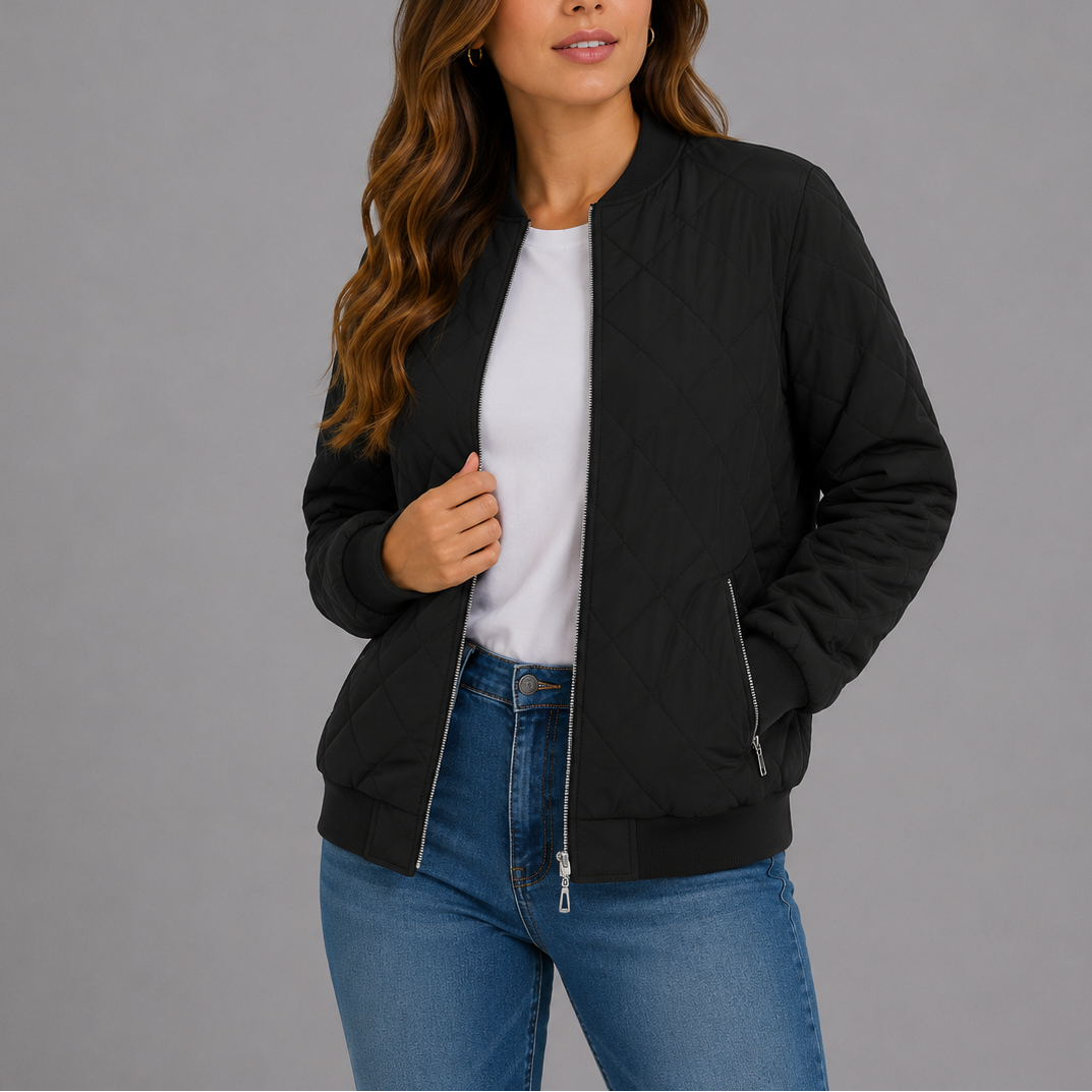 Bomber Jacket Womens Diamond Quilted Zip Front Ribbed Trim