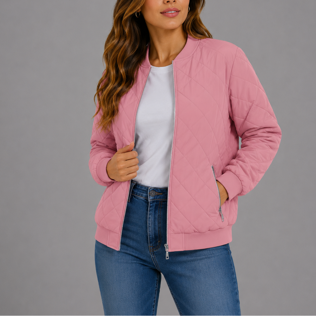 Bomber Jacket Womens Diamond Quilted Zip Front Ribbed Trim