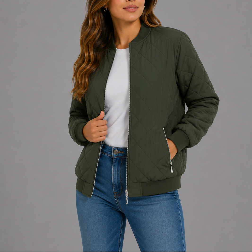 Bomber Jacket Womens Diamond Quilted Zip Front Ribbed Trim