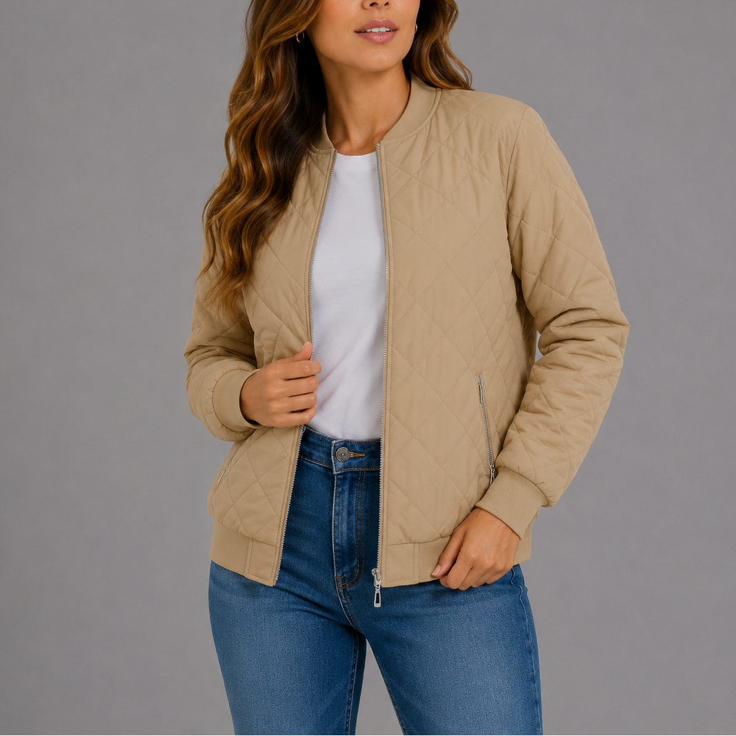 Bomber Jacket Womens Diamond Quilted Zip Front Ribbed Trim