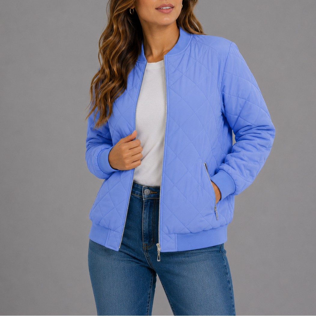 Bomber Jacket Womens Diamond Quilted Zip Front Ribbed Trim