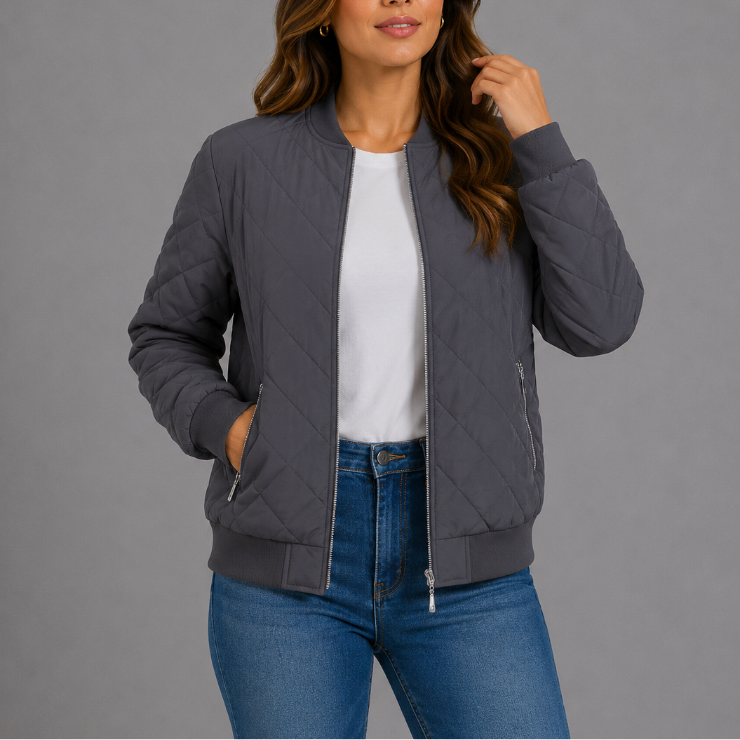 Bomber Jacket Womens Diamond Quilted Zip Front Ribbed Trim