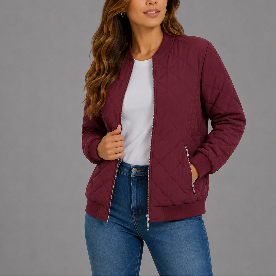 Bomber Jacket Womens Diamond Quilted Zip Front Ribbed Trim