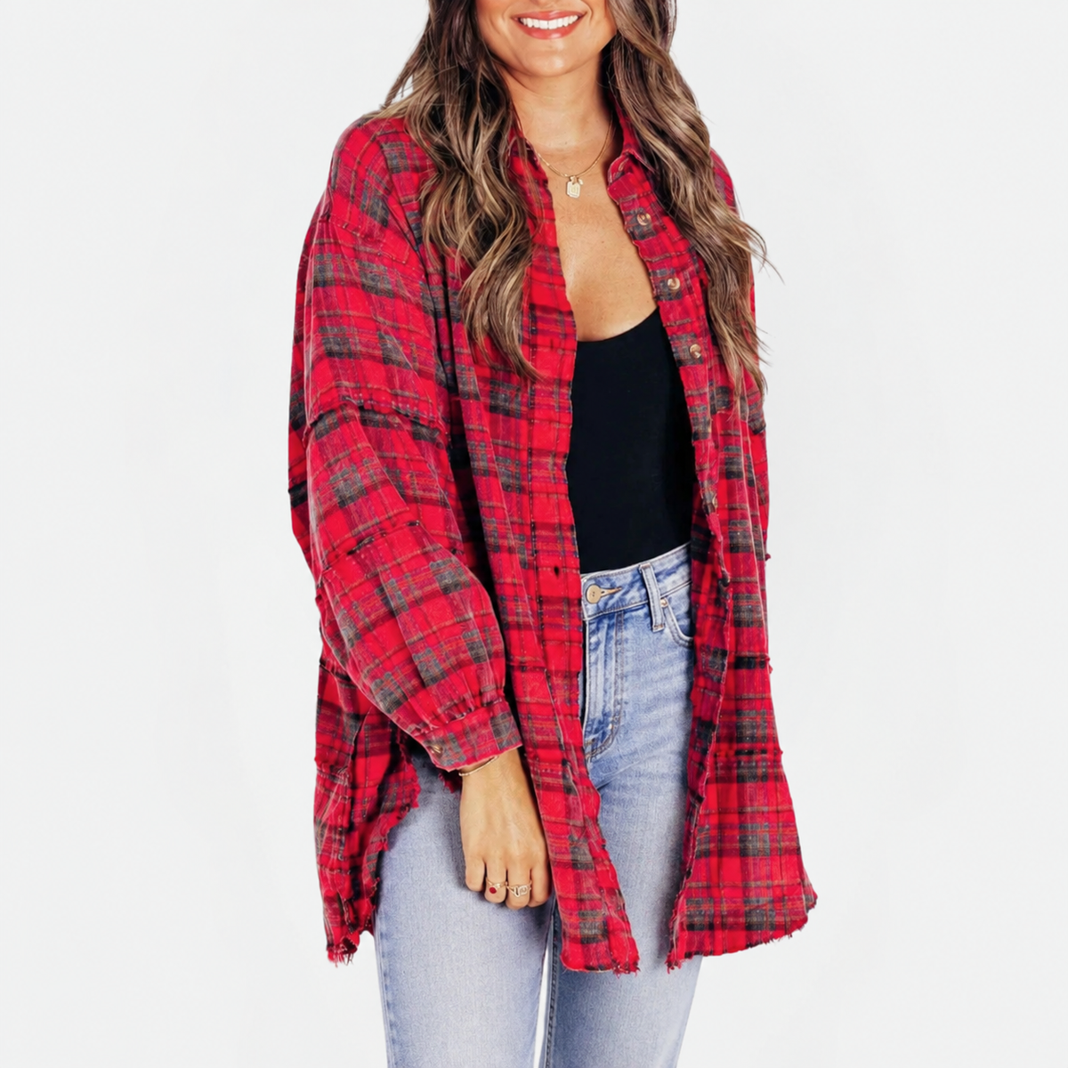 Women's Raw Hem Flannel Shirt Oversized Long Sleeve Blouse