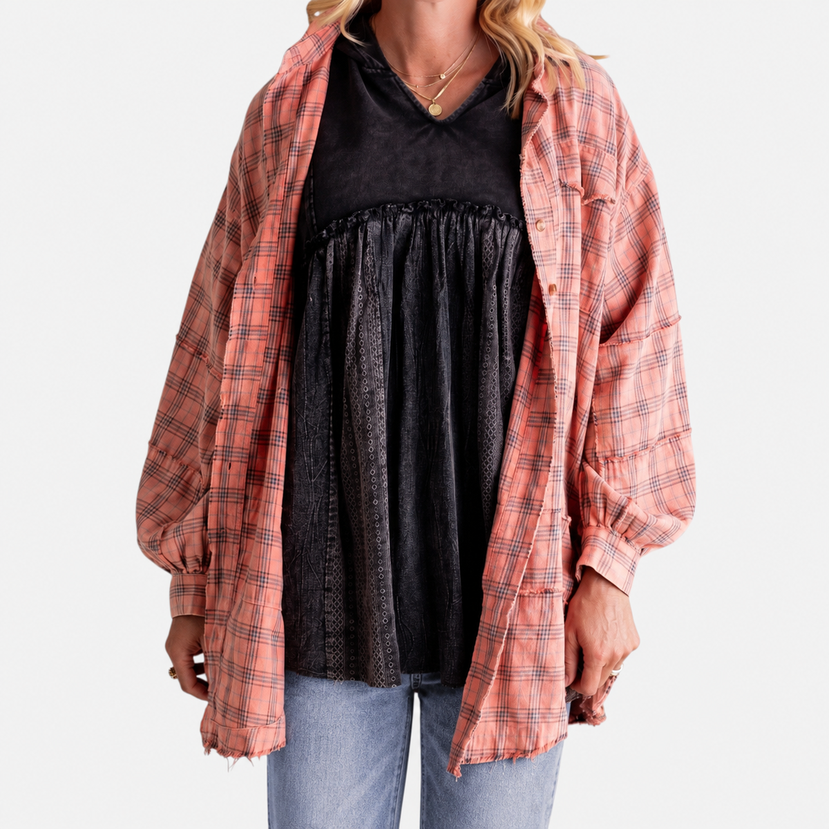 Women's Raw Hem Flannel Shirt Oversized Long Sleeve Blouse