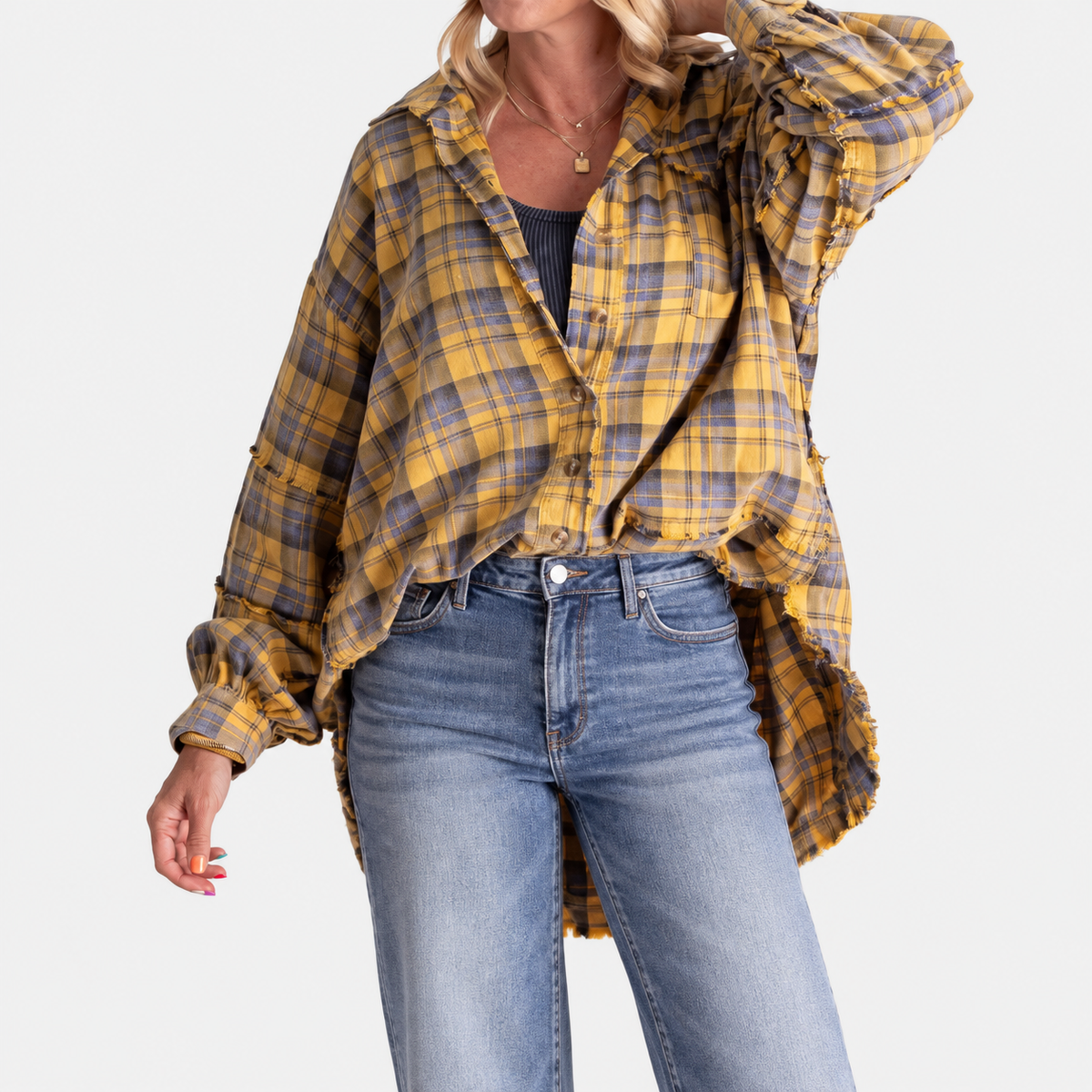 Women's Raw Hem Flannel Shirt Oversized Long Sleeve Blouse