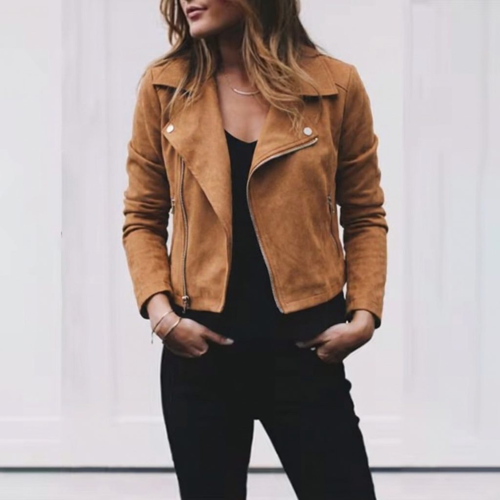 Danica - Suede Cropped Jacket with Notched Lapel Collar and Asymmetrical Zip