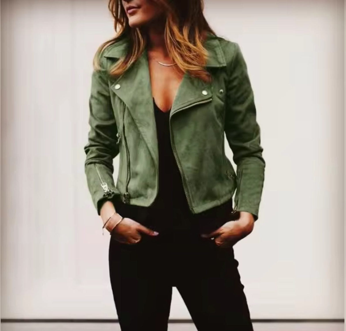 Danica - Suede Cropped Jacket with Notched Lapel Collar and Asymmetrical Zip