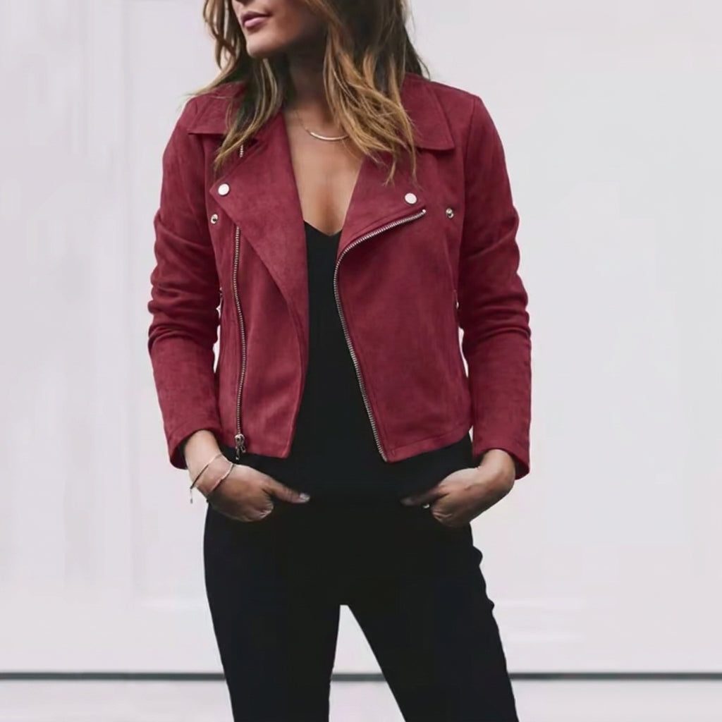 Danica - Suede Cropped Jacket with Notched Lapel Collar and Asymmetrical Zip
