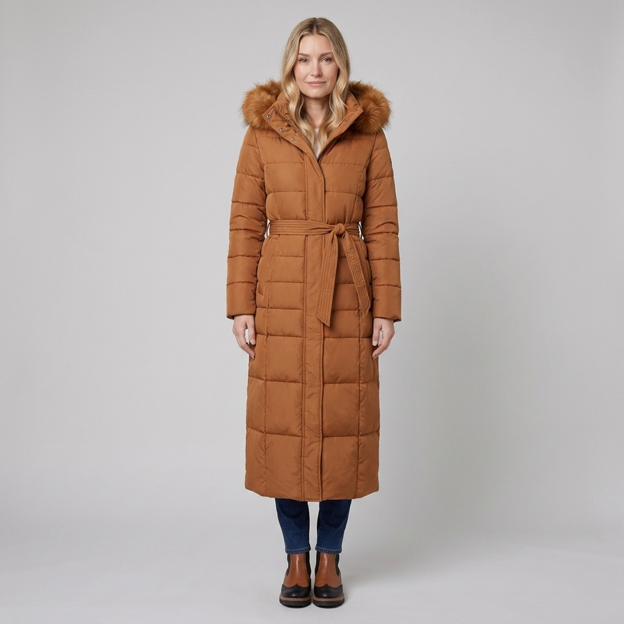 Quinna Puffer Coat | Quilted Maxi, Belted, Faux Fur Hood