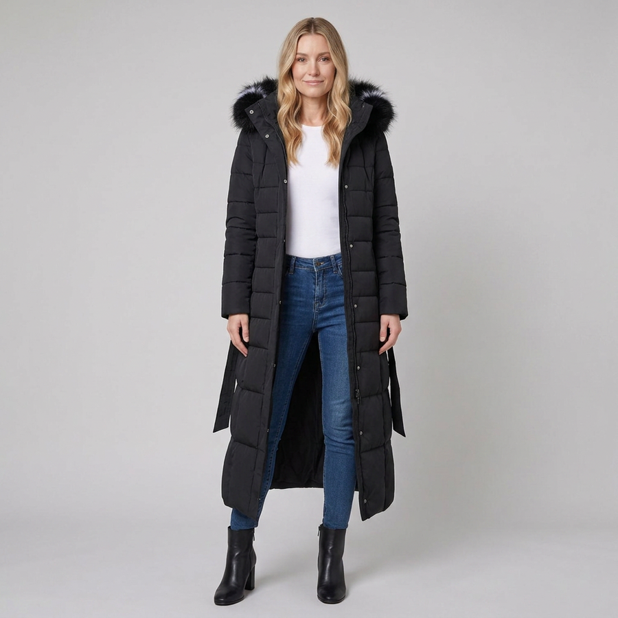 Quinna Puffer Coat | Quilted Maxi, Belted, Faux Fur Hood