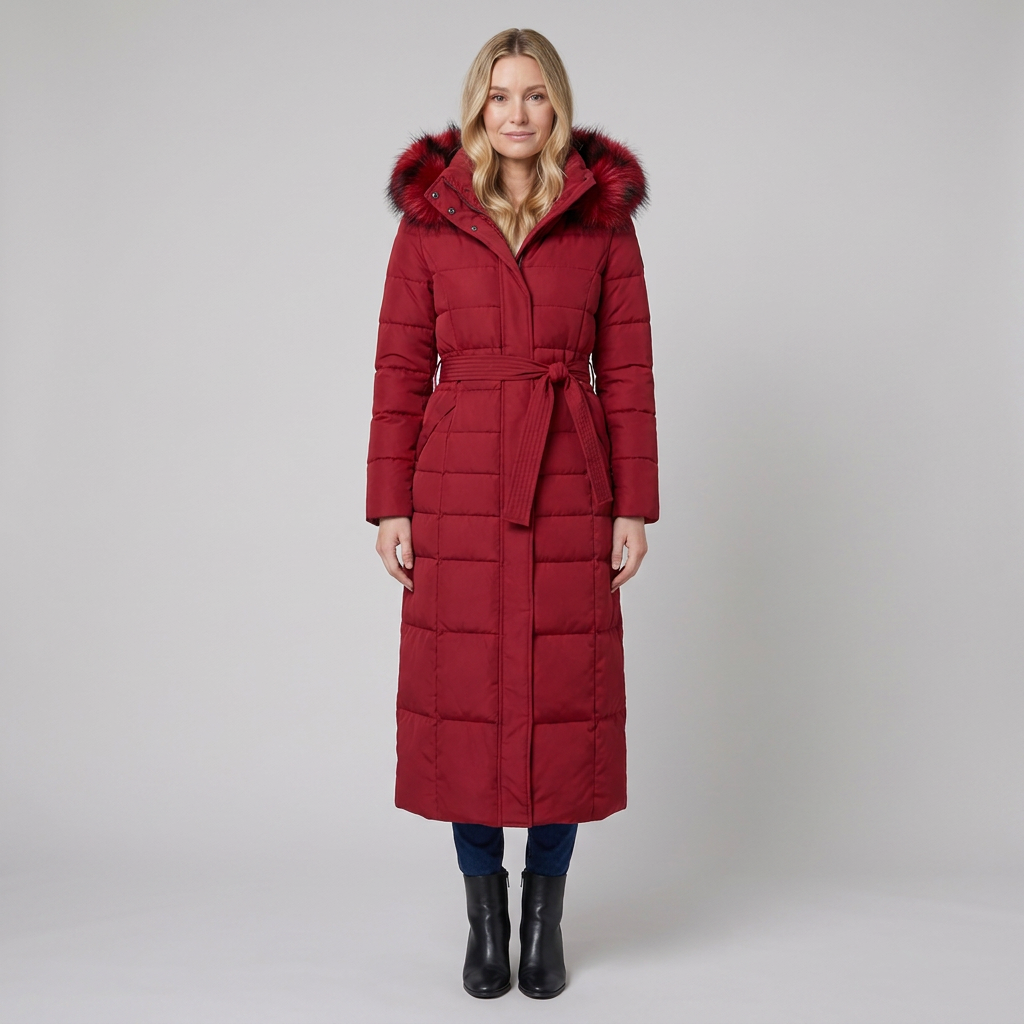 Quinna Puffer Coat | Quilted Maxi, Belted, Faux Fur Hood