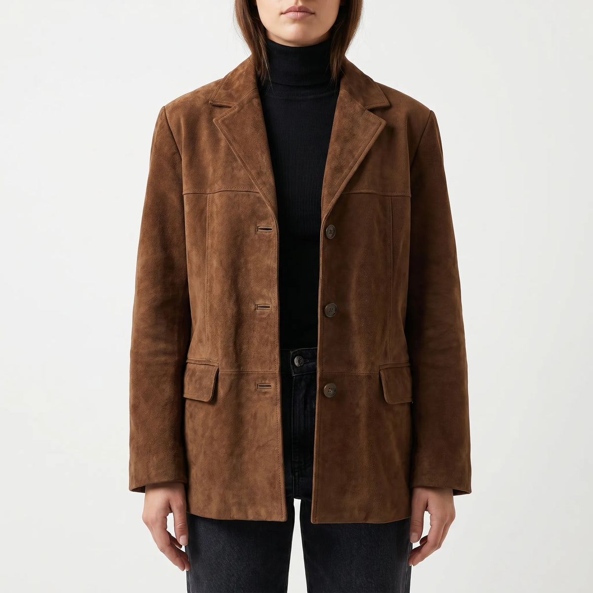 Women's Suede Leather Jacket Blazer Brown Notched Lapel