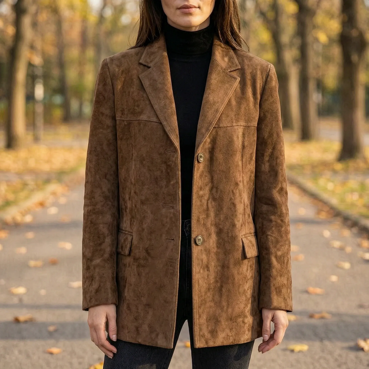 Women's Suede Leather Jacket Blazer Brown Notched Lapel
