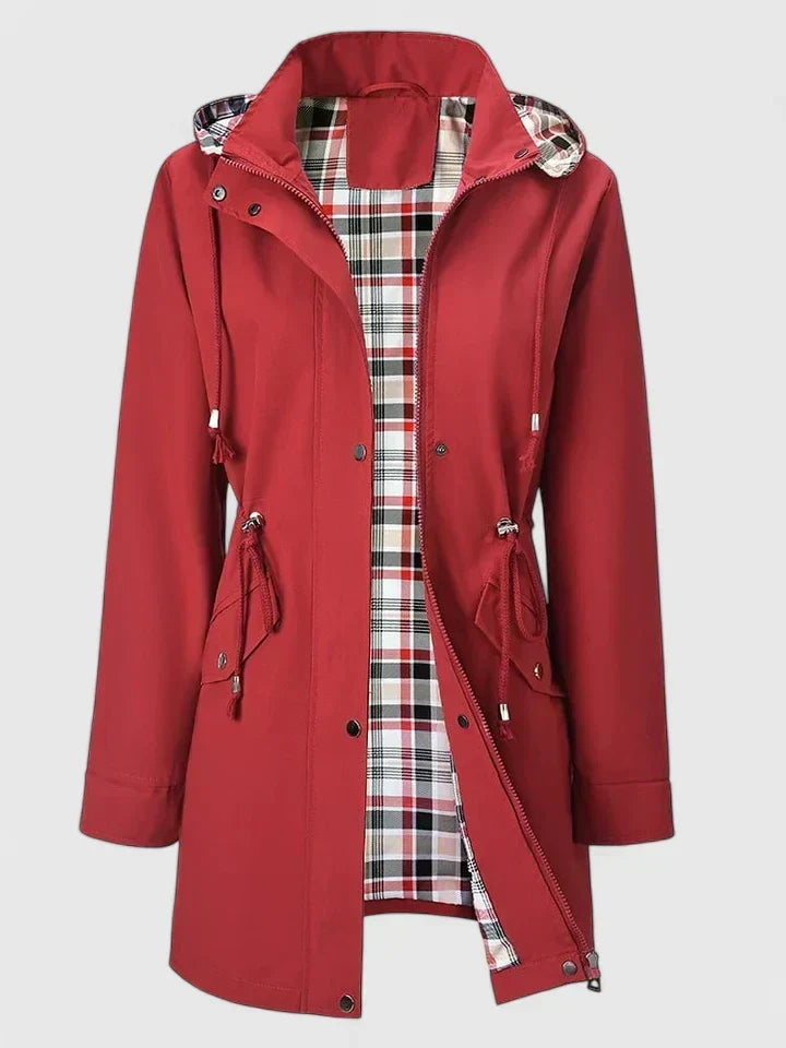 Elegant Red Plaid Lined Rain Jacket for Women with Hooded Long Sleeve Drawstring Waist Relaxed Style