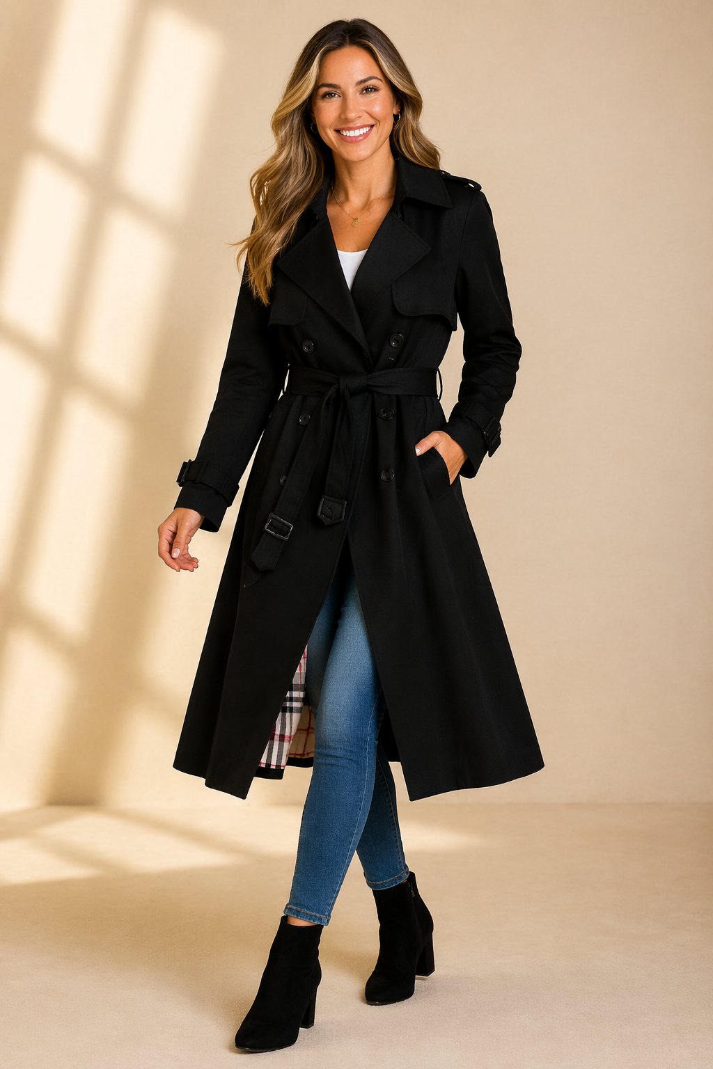 Belted Trench Coat with a Double-Breasted Front and Long Line