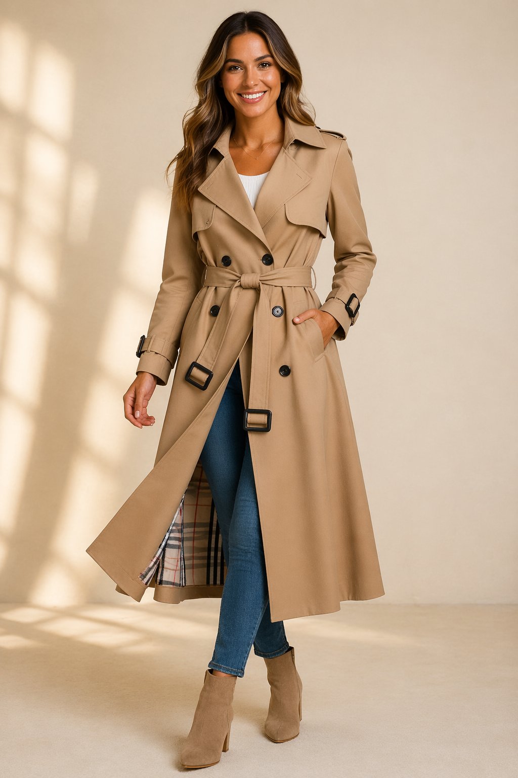 Belted Trench Coat with a Double-Breasted Front and Long Line