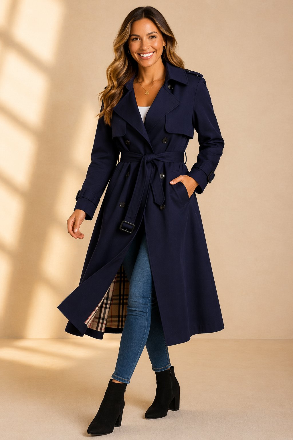 Belted Trench Coat with a Double-Breasted Front and Long Line