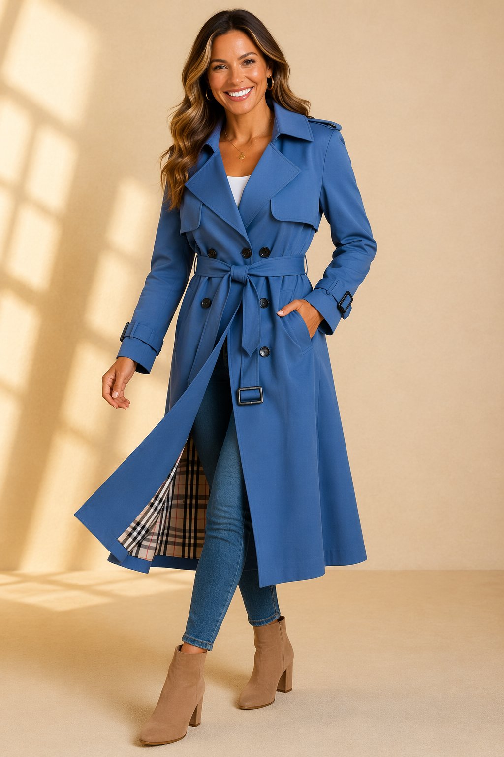 Belted Trench Coat with a Double-Breasted Front and Long Line