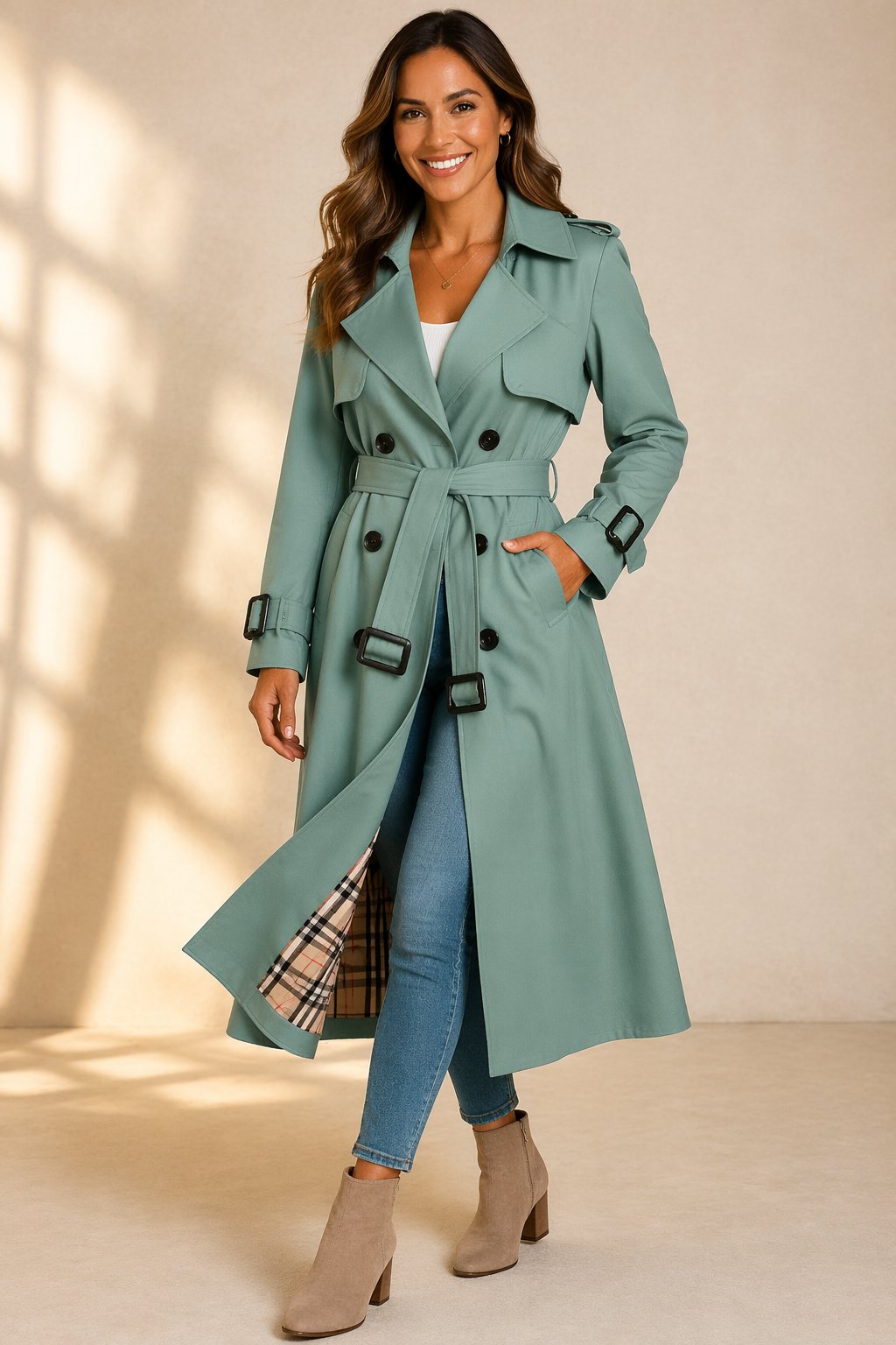 Belted Trench Coat with a Double-Breasted Front and Long Line