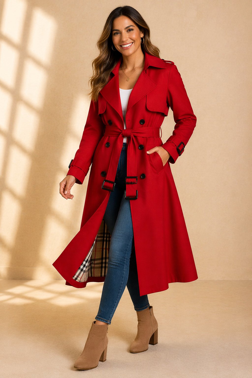 Belted Trench Coat with a Double-Breasted Front and Long Line
