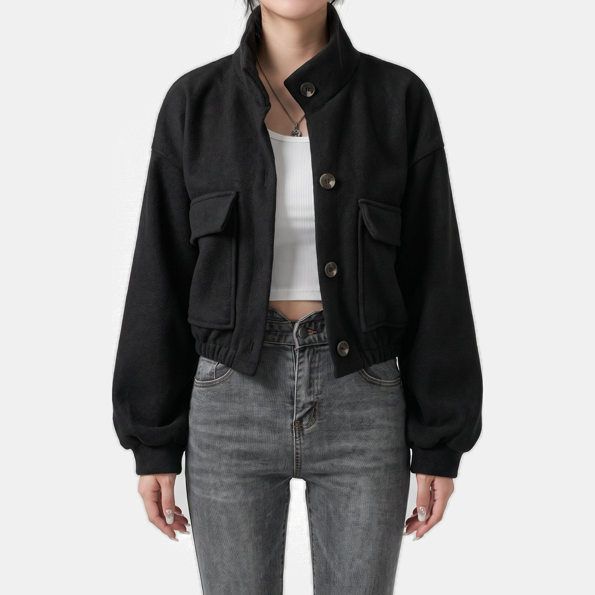 Women's Oversized Leather Cropped Bomber Jacket, Stand Collar