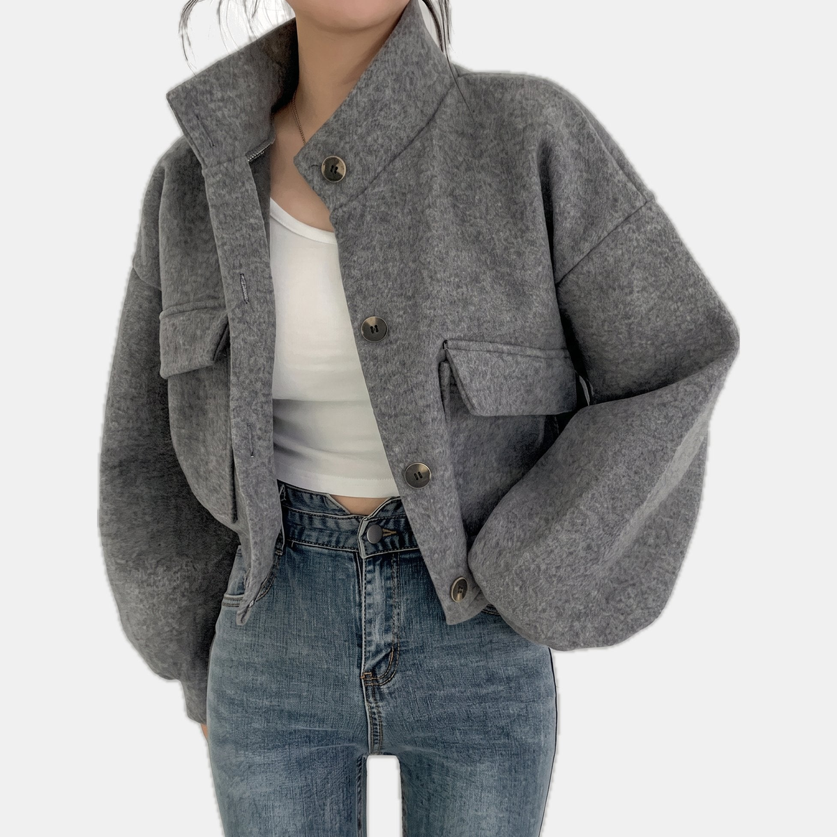 Women's Oversized Leather Cropped Bomber Jacket, Stand Collar