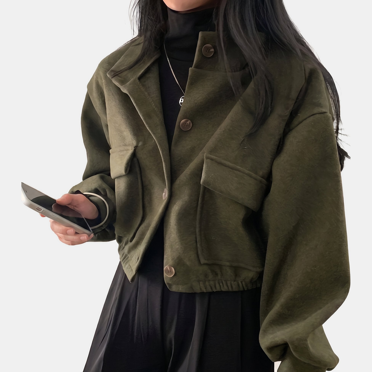 Women's Oversized Leather Cropped Bomber Jacket, Stand Collar