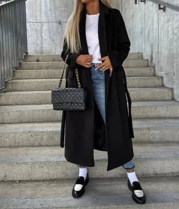 Khloe | Women's Trench Coat Long Belted Double-Breasted Notch Lapel Flowing Tailored Timeless Smart Occasion Everyday Autumn
