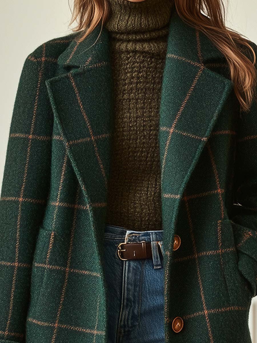 Genevieve | Women's Checked Wool Blend Tailored Longline Coat