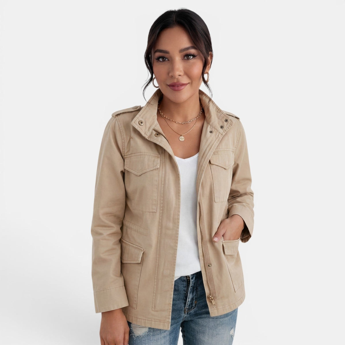 Relaxed Utility Jacket with Flap Pockets and a Snap Front