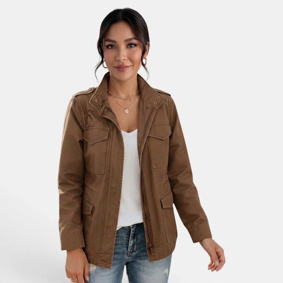 Relaxed Utility Jacket with Flap Pockets and a Snap Front