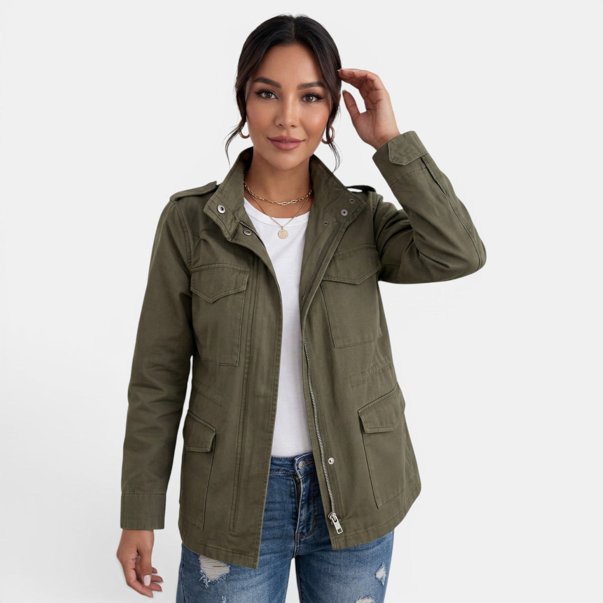 Relaxed Utility Jacket with Flap Pockets and a Snap Front