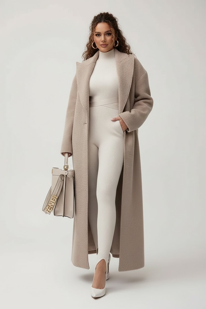 Relaxed Wool-Look Overcoat with a Notch Collar and Open Front