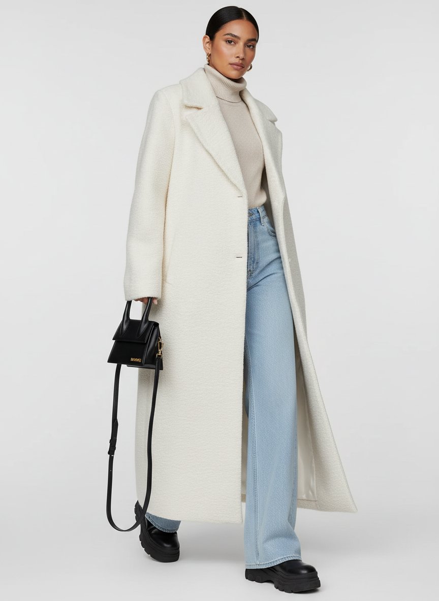 Relaxed Wool-Look Overcoat with a Notch Collar and Open Front