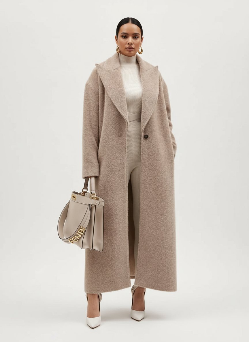 Relaxed Wool-Look Overcoat with a Notch Collar and Open Front