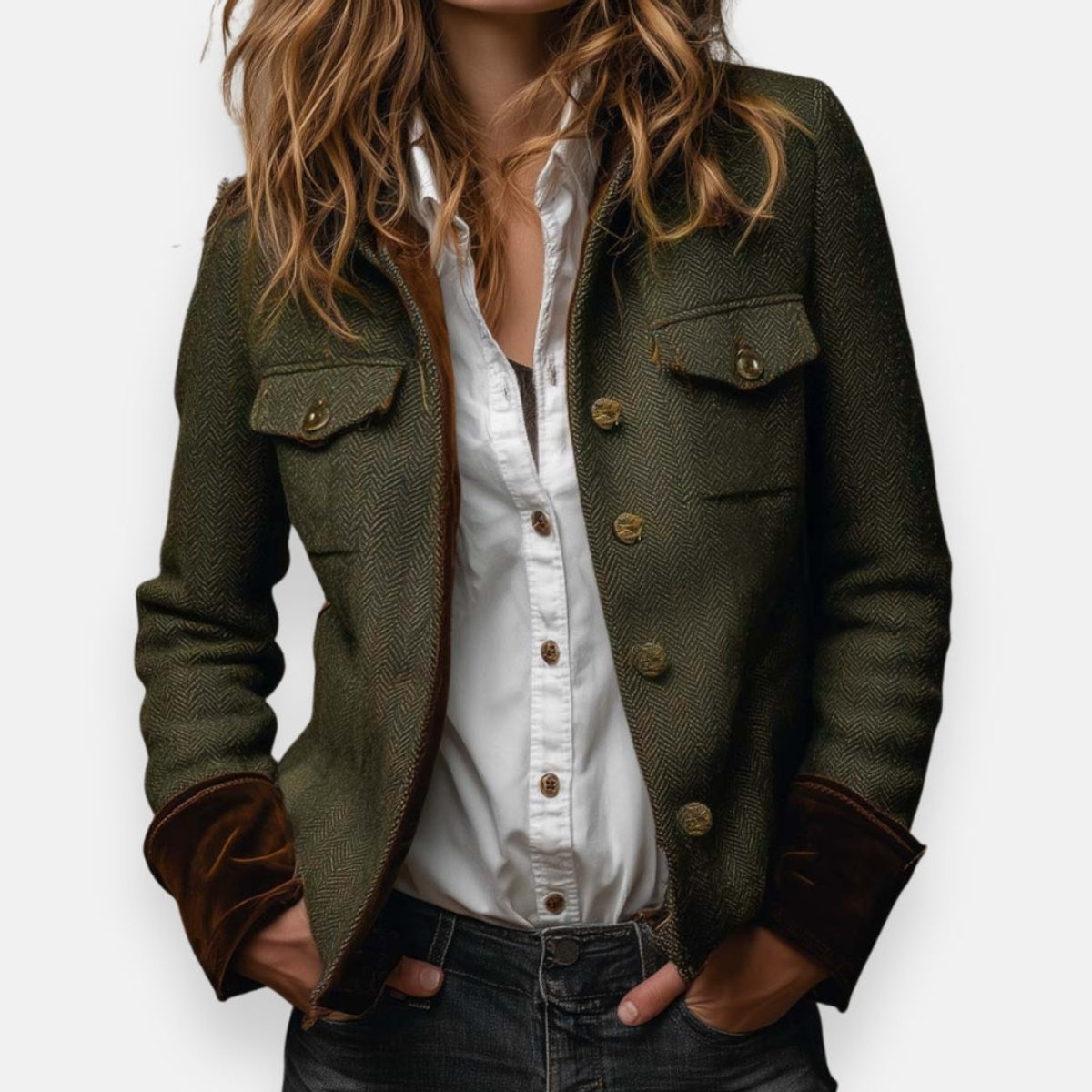 Ruth | Tailored Herringbone Tweed Military Jacket