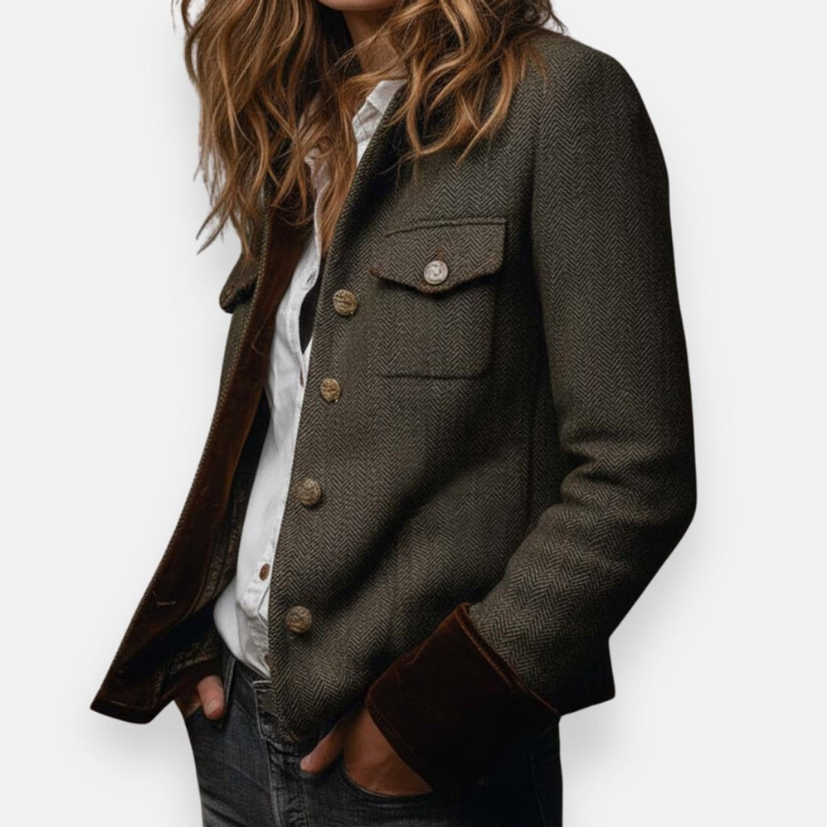 Ruth | Tailored Herringbone Tweed Military Jacket