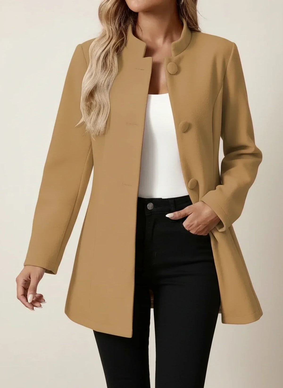 Women's Longline Stand Collar Coat, Brushed Button Front Winter Coat
